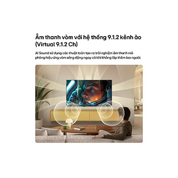 LG SMART TV AI LB65 với âm thanh AI Sound Virtual 9.1.2 lấp đầy không gian phòng khách hiện đại khi cảnh phim phi hành gia được phát trên màn hình, với âm thanh đa hướng lan tỏa khắp căn phòng để tăng cường trải nghiệm đắm chìm.
